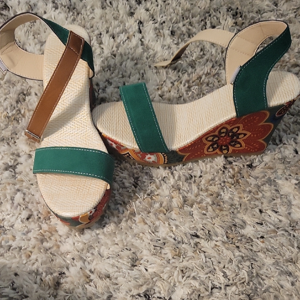 Green Floral Wedge Sandals